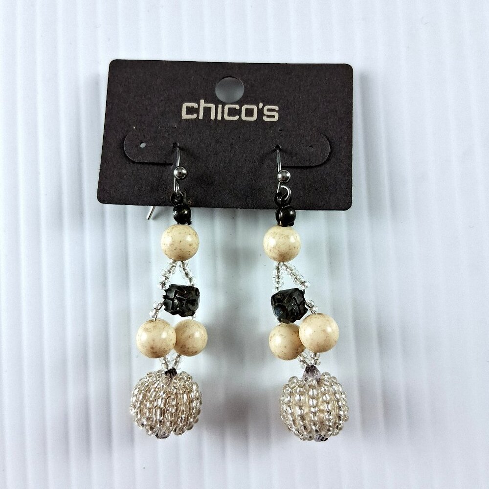 Chico's Silver Tone and Neutral Beads Dangle Hook Earrings Fashion Jewelry